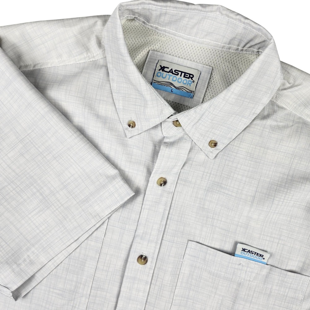 XCASTER OUTDOOR Mens Button Up Shirt Large Light Blue Plaid Short Sleeve Fishing